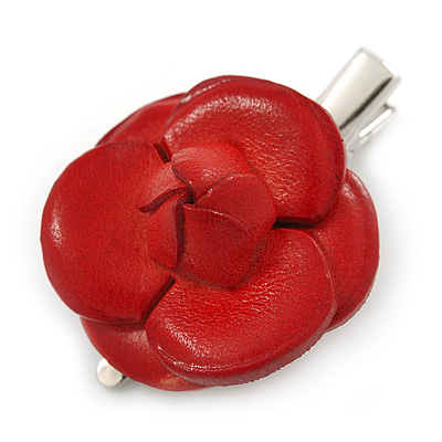 Vintage Inspired Silver Tone Red Leather Rose Hair Beak Clip/ Concord Clip - 45mm L - main view