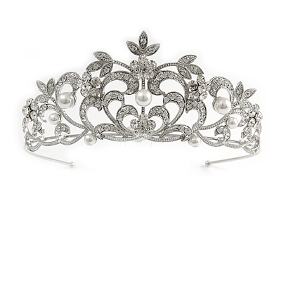 Statement Bridal/ Wedding/ Prom Rhodium Plated Austrian Crystal, Glass Pearl Leaf Tiara