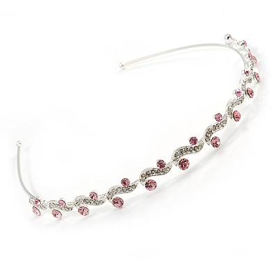 Bridal/ Wedding/ Prom Rhodium Plated Clear/ Pink Crystal Tiara Headband