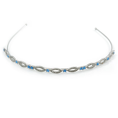 Bridal/ Wedding/ Prom Rhodium Plated Light Blue/ Clear Crystal Tiara Headband - main view