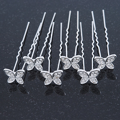 Bridal/ Wedding/ Prom/ Party Set Of 6 Rhodium Plated Crystal 'Butterfly' Hair Pins