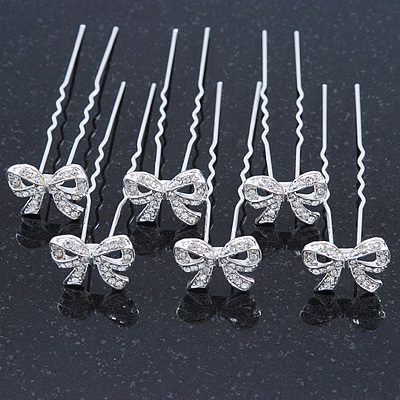 Bridal/ Wedding/ Prom/ Party Set Of 6 Rhodium Plated Crystal 'Bow' Hair Pins - main view