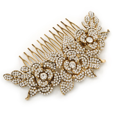 Oversized Bridal/ Wedding/ Prom/ Party Gold Plated Clear Crystal Triple Rose Floral Hair Comb - 110mm