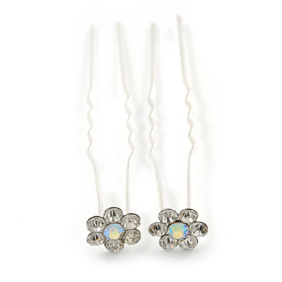 Bridal/ Wedding/ Prom/ Party Set Of 2 Clear & AB Crystal Daisy Flower Hair Pins In Silver Tone
