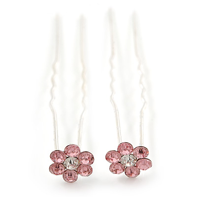 Bridal/ Wedding/ Prom/ Party Set Of 2 Pink Crystal Daisy Flower Hair Pins In Silver Tone