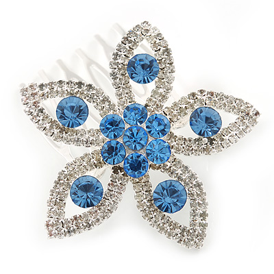 Bridal/ Prom/ Wedding/ Party Rhodium Plated Clear/ Light Blue Austrian Crystal Flower Side Hair Comb - 55mm W