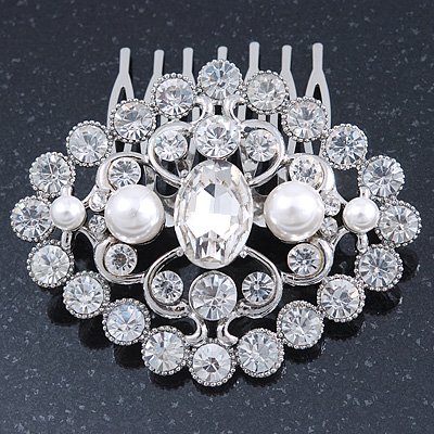 Bridal/ Wedding/ Prom/ Party Art Deco Style Rhodium Plated White Simulated Pearl and Austrian Crystal Hair Comb - 70mm W