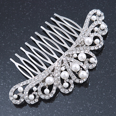 Bridal/ Wedding/ Prom/ Party Rhodium Plated Clear Austrian Crystal, White Simulated Pearl Crown Hair Comb - 95mm