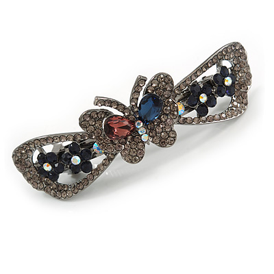 Romantic Crystal Butterfly and Flowers Barrette Hair Clip Grip In Gunmetal Finish (Dim Grey, Pink, Dark Blue) - 80mm Across