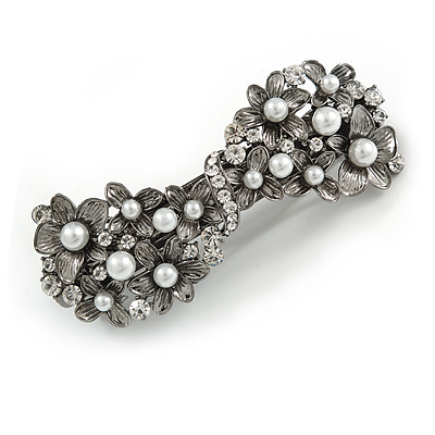 Vintage Inspired White Faux Pearl, Clear Crystal Bow Barrette Hair Clip Grip In Gunmetal Finish - 80mm Across - main view
