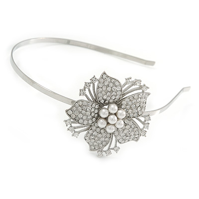 Bridal/ Wedding/ Prom Rhodium Plated Clear Crystal, White Pearl Flower Tiara Headband