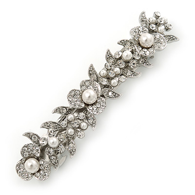 Bridal Wedding Prom Silver Tone Glass Pearl, Crystal Floral Barrette Hair Clip Grip - 90mm W