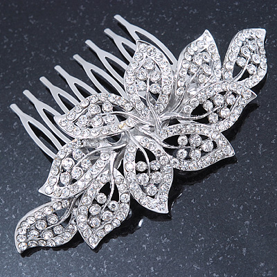 Bridal/ Prom/ Wedding/ Party Rhodium Plated Clear Austrian Crystal Leaf Side Hair Comb - 9cm W - main view