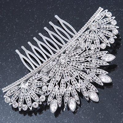 Bridal/ Prom/ Wedding/ Party Rhodium Plated Clear Austrian Crystal Floral Side Hair Comb - 100mm Aross