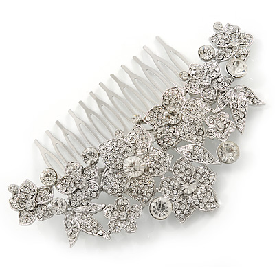 Statement Bridal/ Wedding/ Prom/ Party Rhodium Plated Clear Austrian Crystal Floral Side Hair Comb - 110mm Across