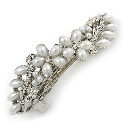 Bridal Wedding Prom Silver Tone Glass Pearl, Crystal Floral Barrette Hair Clip Grip - 85mm W