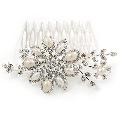 Bridal/ Wedding/ Prom/ Party Rhodium Plated Clear Austrian Crystal, Glass Pearl Floral Hair Comb - 80mm - main view