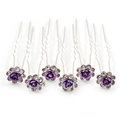 Bridal/ Wedding/ Prom/ Party Set Of 6 Clear Austrian Crystal Purple Rose Flower Hair Pins In Silver Tone