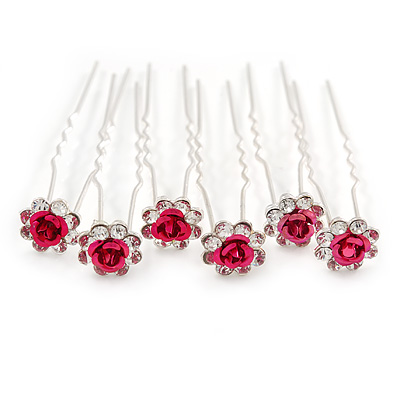 Bridal/ Wedding/ Prom/ Party Set Of 6 Clear Austrian Crystal Fuchsia Rose Flower Hair Pins In Silver Tone - main view