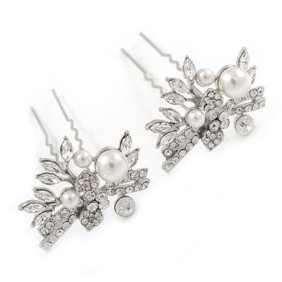 Bridal/ Wedding/ Prom/ Party Set Of 2 Rhodium Plated Clear Austrian Crystal Glass Pearl Floral Hair Pins - 70mm L