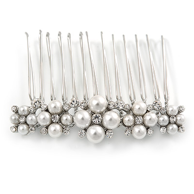 Bridal/ Prom/ Wedding/ Party Rhodium Plated White Glass Pearl, Clear Austrian Crystal Floral Side Hair Comb - 60mm Width