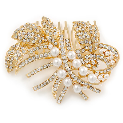 Bridal/ Wedding/ Prom/ Party Gold Plated Clear Austrian Crystal Glass Pearl Floral Side Hair Comb - 80mm - main view