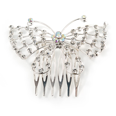 Bridal/ Prom/ Wedding/ Party Rhodium Plated Clear Austrian Crystal Open Butterfly Side Hair Comb - 70mm W - main view