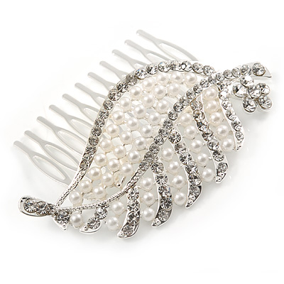 Clear Austrian Crystal, White Faux Pearl 'Leaf' Side Hair Comb In Rhodium Plating - 85mm