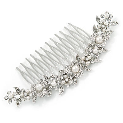 Large Bridal/ Wedding/ Prom/ Party Rhodium Plated Clear Austrian Crystal, White Simulated Pearl Floral Hair Comb - 110mm