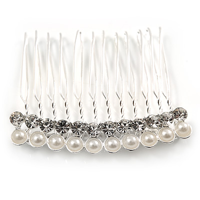 Small Bridal/ Wedding/ Prom/ Party Silver Tone Crystal Cream Faux Pearl Side Hair Comb - 50mm