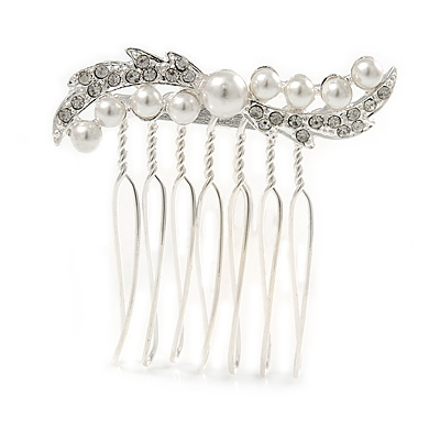 Mini Bridal/ Prom/ Party White Glass Pearl Crystal Leas Hair Comb In Silver Tone - 40mm Across