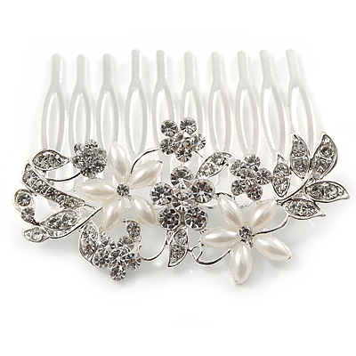 Medium Bridal/ Wedding/ Prom/ Party Rhodium Plated Clear Austrian Crystal, Faux Pearl Floral Hair Comb - 60mm
