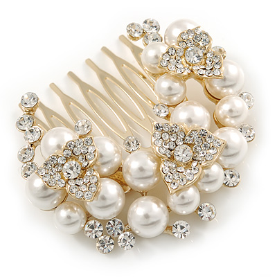 Clear Austrian Crystal, Glass Pearl Floral Side Hair Comb In Antique Gold Tone - 55mm