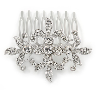 Bridal/ Wedding/ Prom/ Party Rhodium Plated Clear Austrian Crystal Floral Side Hair Comb - 60mm Width - main view