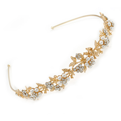 Bridal/ Wedding/ Prom Gold Plated Clear Crystal, White Glass Flowers & Leaves Tiara Headband