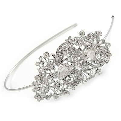 Statement Bridal/ Wedding/ Prom Rhodium Plated Clear Crystal Feather Motif Tiara Headband - main view