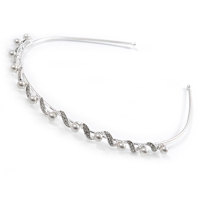Bridal/ Wedding/ Prom Rhodium Plated White Glass Pearl, Clear Crystal Tiara Headband - main view