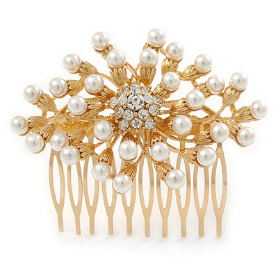 Bridal/ Wedding/ Prom/ Party Gold Plated Cluster White Simulated Pearl Bead and Austrian Crystal Hair Comb - 70mm - main view