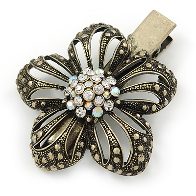 Vintage Inspired Clear Austrian Crystal Open Daisy Flower Hair Beak Clip/ Concord Clip/ Clamp Clip In Bronze Tone - 60mm L