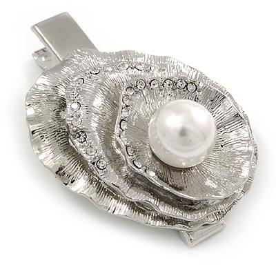 Clear Crystal, Pearl Hammered Shell Hair Beak Clip/ Concord Clip/ Clamp Clip In Silver Tone - 60mm L - main view