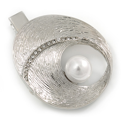 Clear Crystal, Pearl Hammered Shell Hair Beak Clip/ Concord Clip/ Clamp Clip In Silver Tone - 55mm L - main view