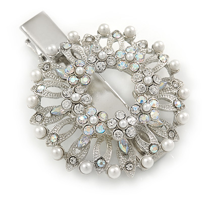 Clear Austrian Crystal, Glass Pearl Wreath Hair Beak Clip/ Concord Clip/ Clamp Clip In Silver Tone - 60mm L - main view