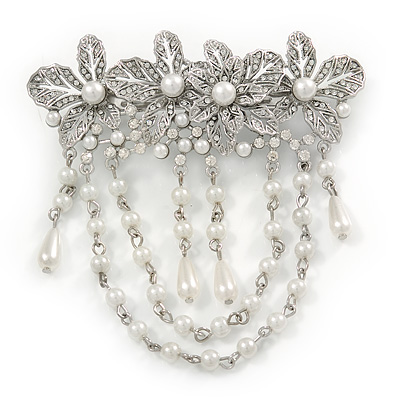 Rhodium Plated Clear Crystal, White Faux Pearl Floral Barrette Hair Clip Grip - 95mm Across
