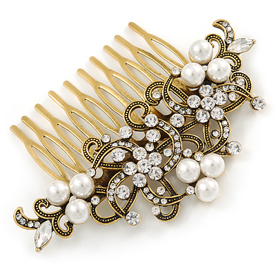 Vintage Inspired Clear Austrian Crystal White Glass Pearl Side Hair Comb In Gold Tone - 90mm - main view