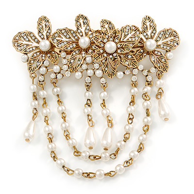 Vintage Inspired Burnt Gold Tone, Clear Crystal, White Faux Pearl  Floral Barrette Hair Clip Grip - 95mm Across
