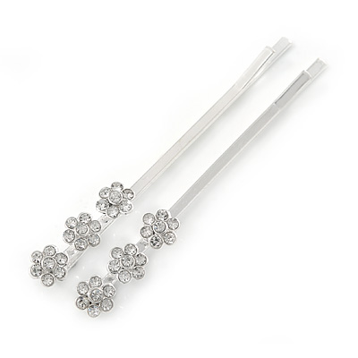 Pair Of Clear Crystal Triple Flower Bridal Hair Slides In Rhodium Plating - 55mm L