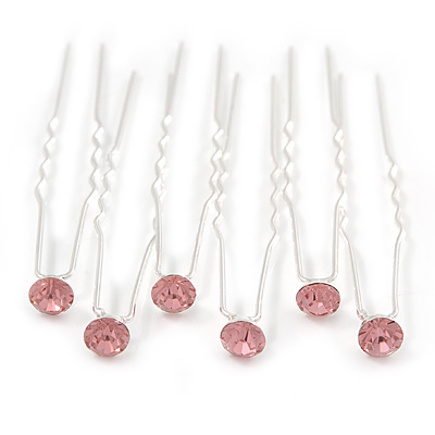 Bridal/ Wedding/ Prom/ Party Set Of 6 Pink  Austrian Crystal Hair Pins In Silver Tone