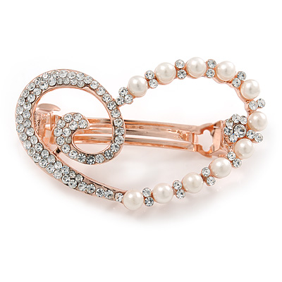Clear Crystal, Glass Pearl  Open Assymetrical Heart Barrette Hair Clip Grip In Rose Gold Tone - 50mm Across - main view