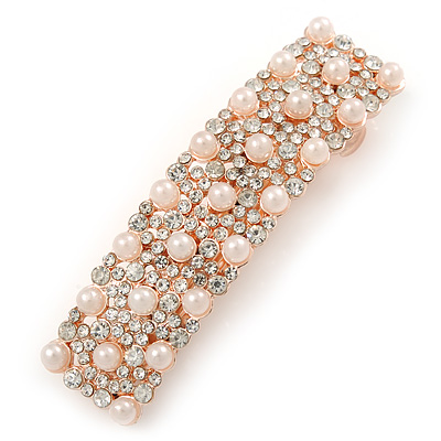 Pearl and Crystal Barrette Hair Clip Grip In Rose Gold Tone Metal - 60mm W