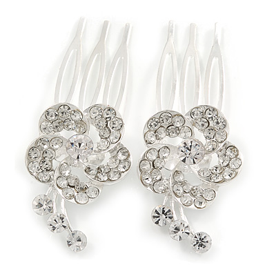 Set of 2 Small Clear Austrian Crystal Flower Side Hair Comb In Rhodium Plating - 25mm Each